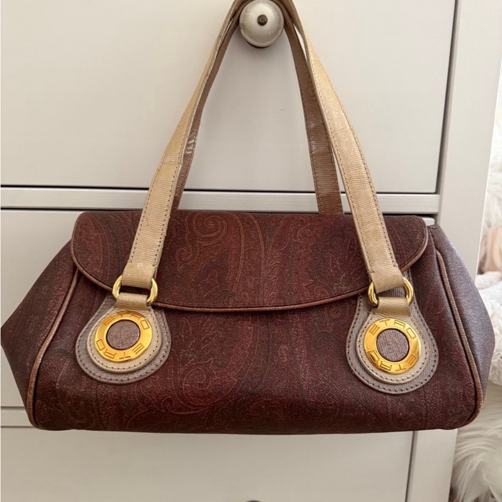 Etro Canva Brown and Tan Shoulder Bag with Gold Accents